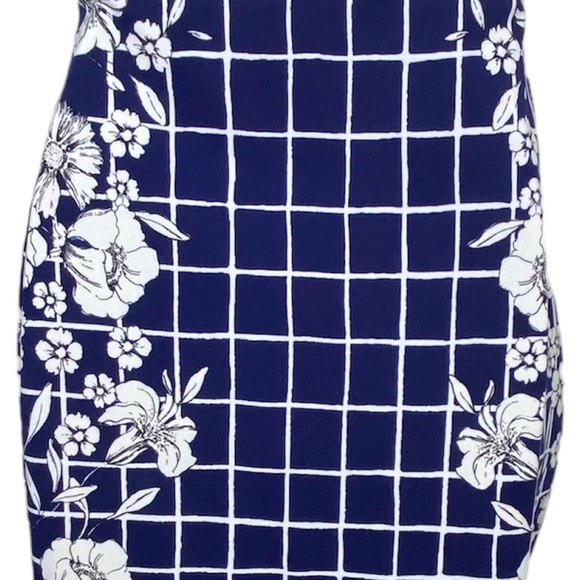 Express Women’s Strapless Dress 8 Navy Blue White Check Floral Nautical Bodycon - Picture 9 of 15